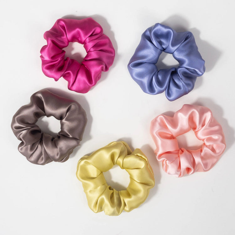 Luxury 22 Momme mulberry silk scrunchies in a range of colours and sizes by The Cheshire Silk Company